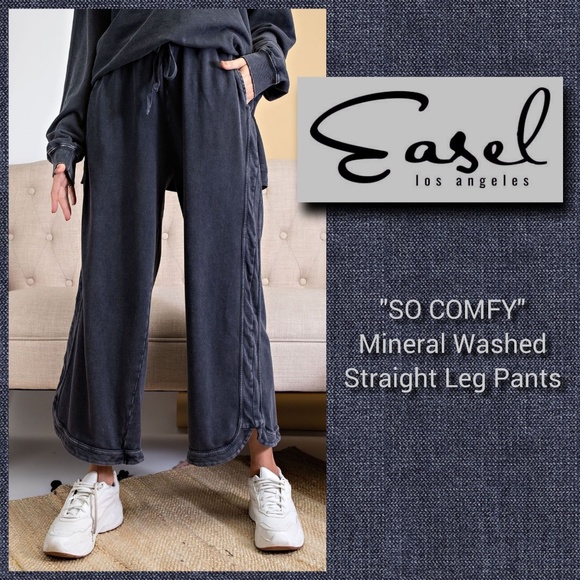 easel Pants - EASEL "So Comfy" Mineral Washed Pants Cotton Terry Side Leg Detail Elastic Waist